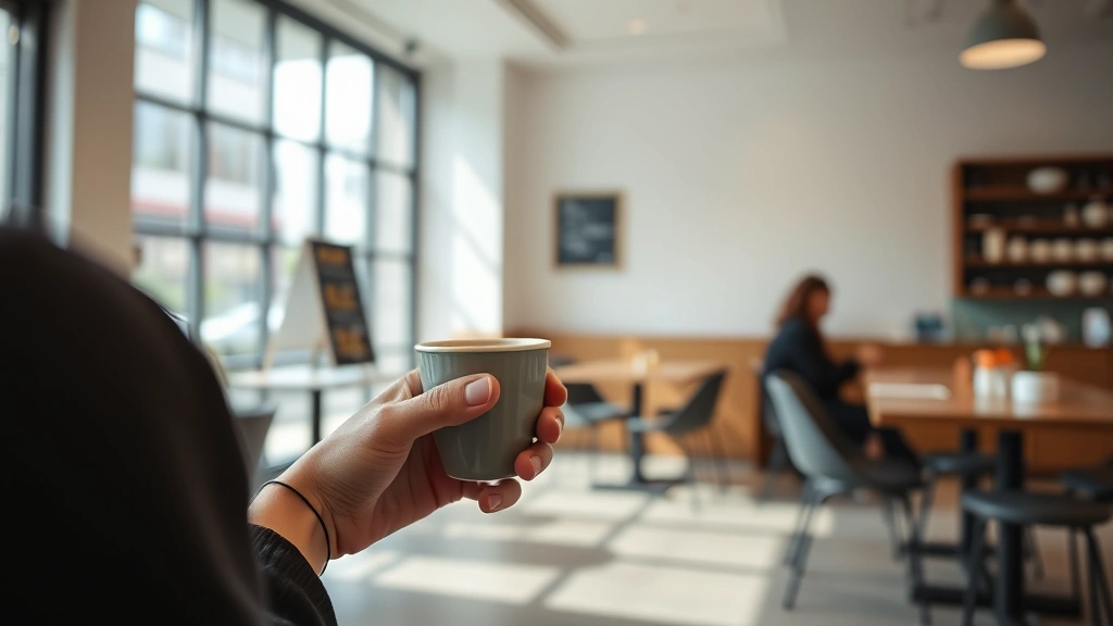 Modern minimalist café interior with customer holding coffee cup, natural window light, contemporary design, showing casual coffee consumption moment without visible text or signage, lifestyle photography aesthetic