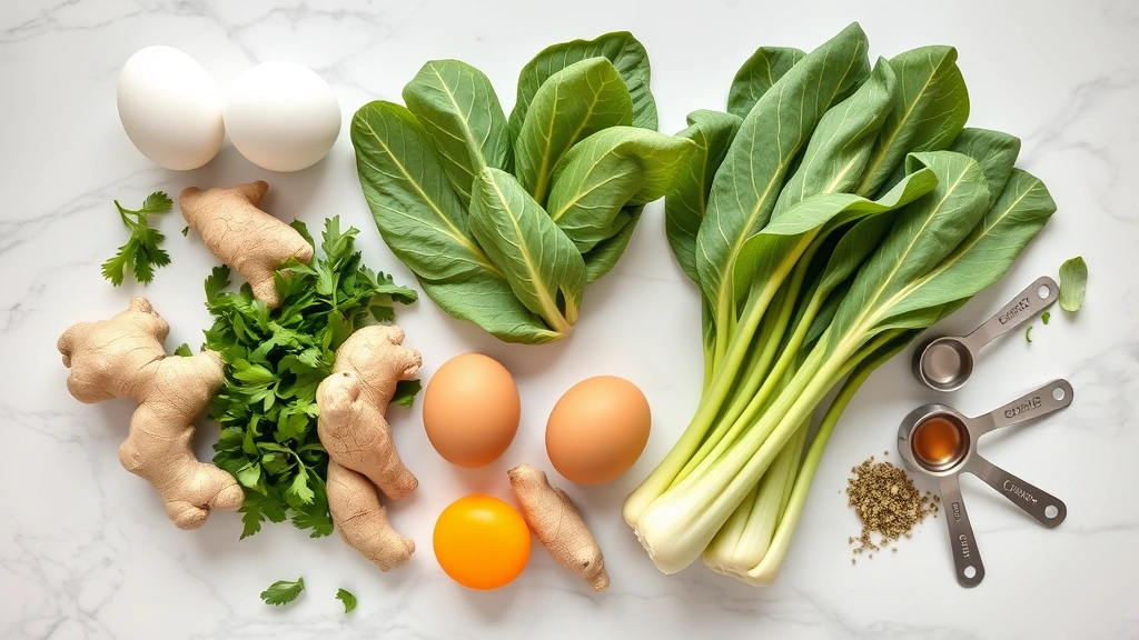 Overhead flat lay of fresh eggs, ginger root, and fresh bok choy arranged on marble countertop with measuring spoons and herbs, professional culinary styling