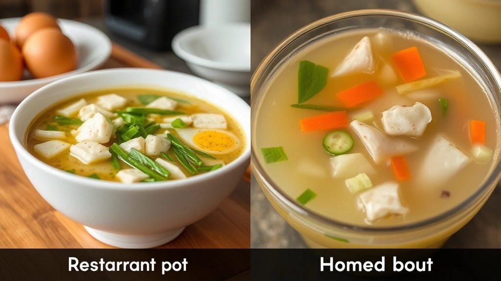 Split-screen comparison showing bowl of restaurant egg drop soup beside homemade version with visible vegetables and clear broth, highlighting preparation differences