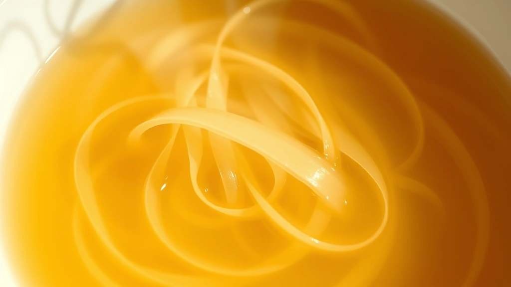 Close-up of golden egg ribbons swirling into clear steaming broth in a white ceramic bowl, captured from above with soft natural lighting, showing the delicate egg strands suspended in the liquid, minimalist composition emphasizing texture and warmth