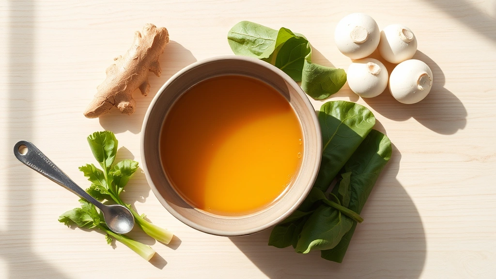 Overhead flat lay of fresh ingredients arranged artfully: cracked eggs in a bowl, fresh ginger root, white mushrooms, bok choy, and a measuring spoon on a light wooden surface, natural daylight creating subtle shadows, no text or labels visible