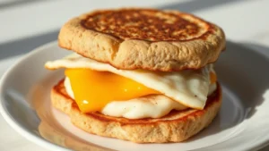 Close-up of a breakfast sandwich with egg, melted cheese, and English muffin on a clean white plate, morning light, minimal shadows, no text or branding visible