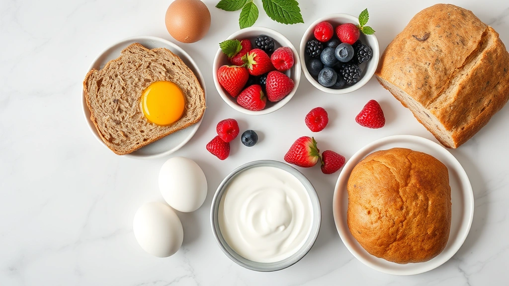 Overhead shot of various breakfast foods including eggs, whole grain bread, fresh berries, and yogurt arranged on a marble countertop, natural daylight, professional food styling
