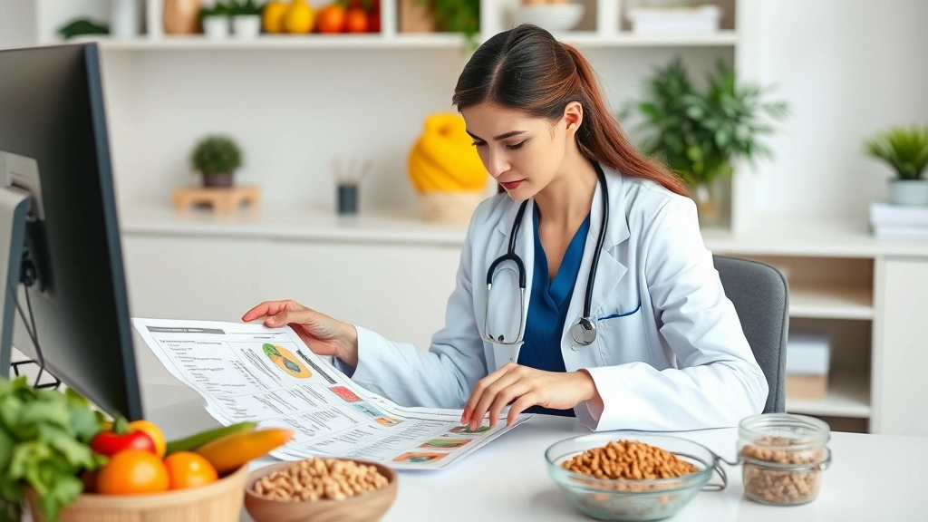 Nutritionist or dietitian reviewing food charts and nutrition labels at a clean desk workspace with healthy food items like fresh vegetables and whole grains visible, professional setting, no screens or interface elements