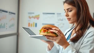 Professional dietitian in modern clinic analyzing breakfast sandwich nutrition data on tablet, clinical lighting, focused expression, health charts visible in soft background