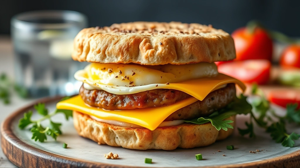 Flat lay of Egg McMuffin with sausage sandwich cross-section showing egg, sausage, cheese, English muffin layers with fresh vegetables and water glass, natural morning light