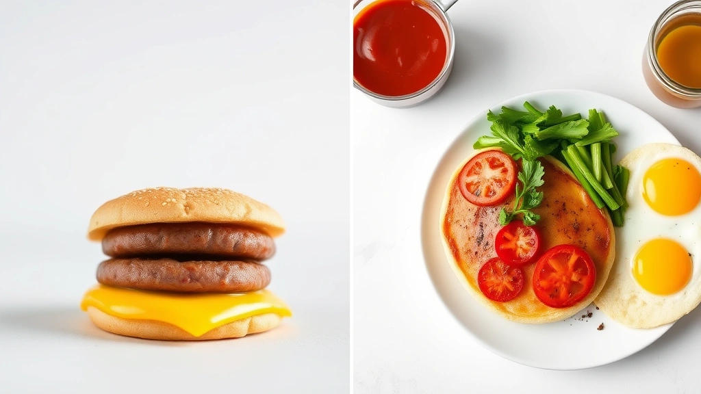 Split-screen comparison: left side shows McDonald's Egg McMuffin with sausage, right side shows homemade breakfast preparation with fresh ingredients, minimalist composition