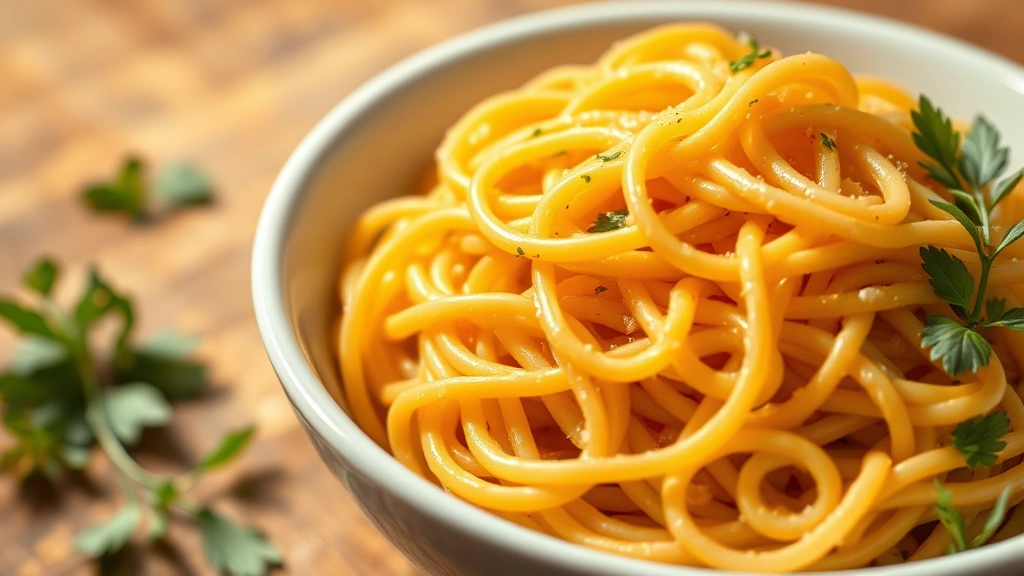 Close-up of cooked egg noodles in a white ceramic bowl on a wooden kitchen counter with fresh herbs scattered nearby, warm natural lighting highlighting the golden pasta texture