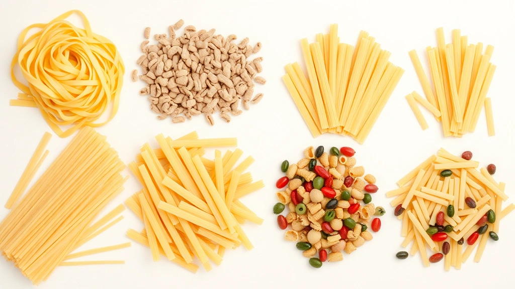 Flat lay composition of various pasta types arranged on a neutral background including egg noodles, whole wheat pasta, legume pasta, and regular pasta for visual comparison