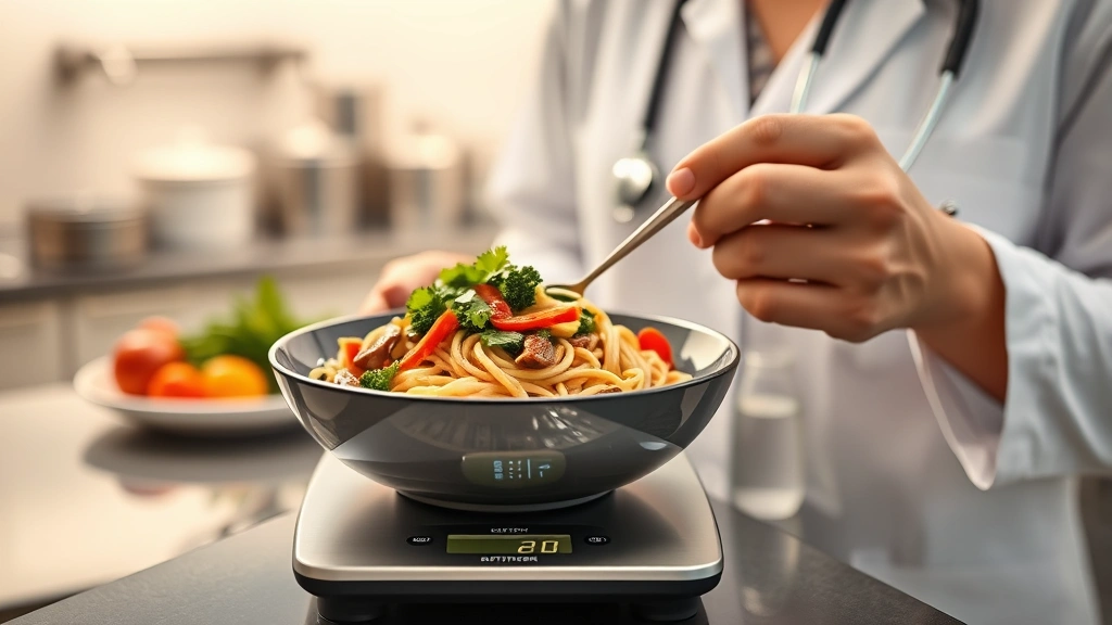 Nutritionist reviewing food data on a modern kitchen scale with prepared egg noodle dish containing vegetables and protein, professional healthcare setting atmosphere