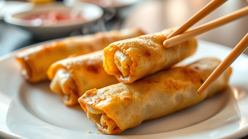 Close-up of golden-brown crispy egg rolls on white ceramic plate with chopsticks, steam rising, professional food photography lighting, shallow depth of field, restaurant presentation style, no text or labels visible