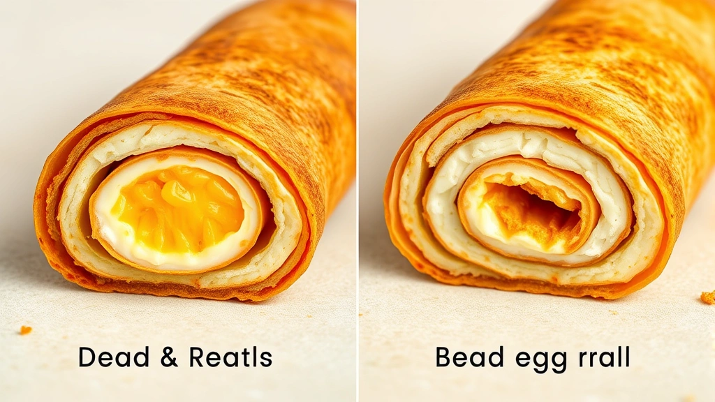 Split-screen comparison showing fried egg roll cross-section on left, baked egg roll cross-section on right, both on neutral background, clear visibility of texture differences, professional macro photography, no text overlays