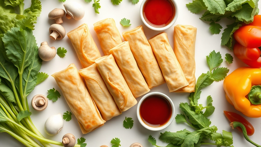Overhead flat lay of egg rolls surrounded by fresh vegetables like bok choy, mushrooms, and bell peppers, with small bowls of sauce nearby, natural daylight, minimalist composition, food styling presentation, no nutritional information displayed