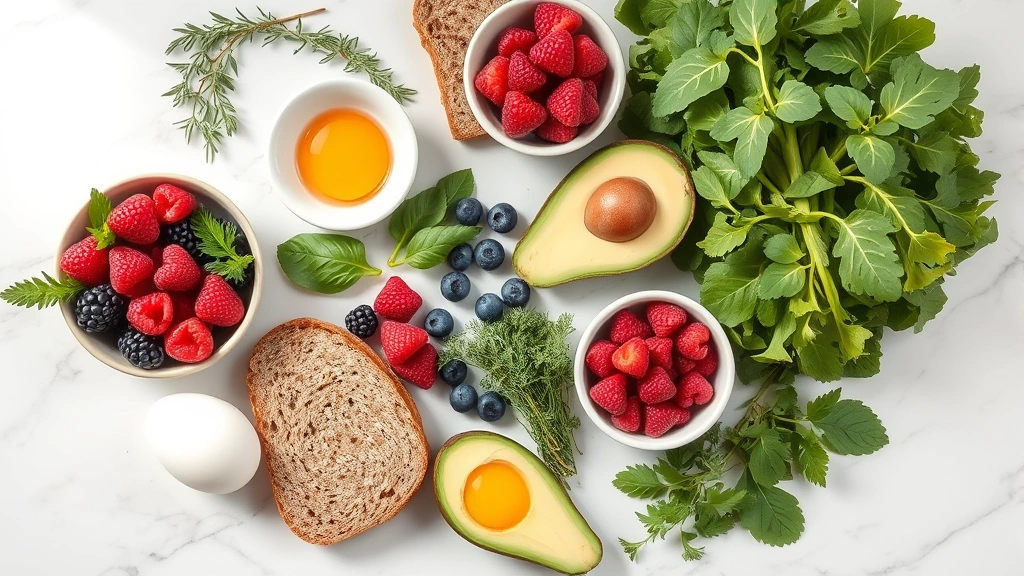 Flat lay arrangement of breakfast ingredients including fresh eggs, whole grain bread, fresh berries, avocado slices, herbs, and leafy greens on marble countertop, natural daylight, nutritionist workspace aesthetic