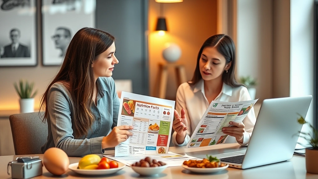 Nutritionist or dietitian consulting with client reviewing meal planning charts and food nutrition labels at modern office desk, warm professional lighting, diverse representation, focused discussion atmosphere