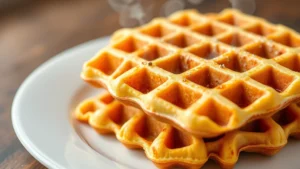Close-up of golden-brown Eggo waffles on a white plate with steam rising, professional food photography style, bright natural lighting, shallow depth of field, no text or labels visible