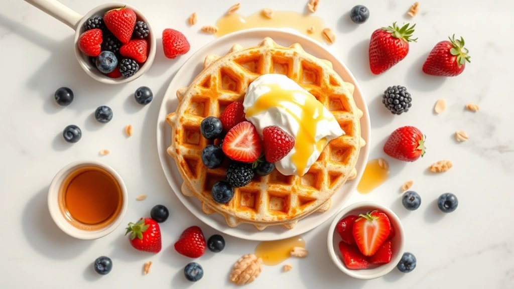 Overhead flat lay composition showing Eggo waffles surrounded by fresh berries, Greek yogurt, honey drizzle, and nuts on white marble surface, natural daylight, minimalist styling, food magazine aesthetic