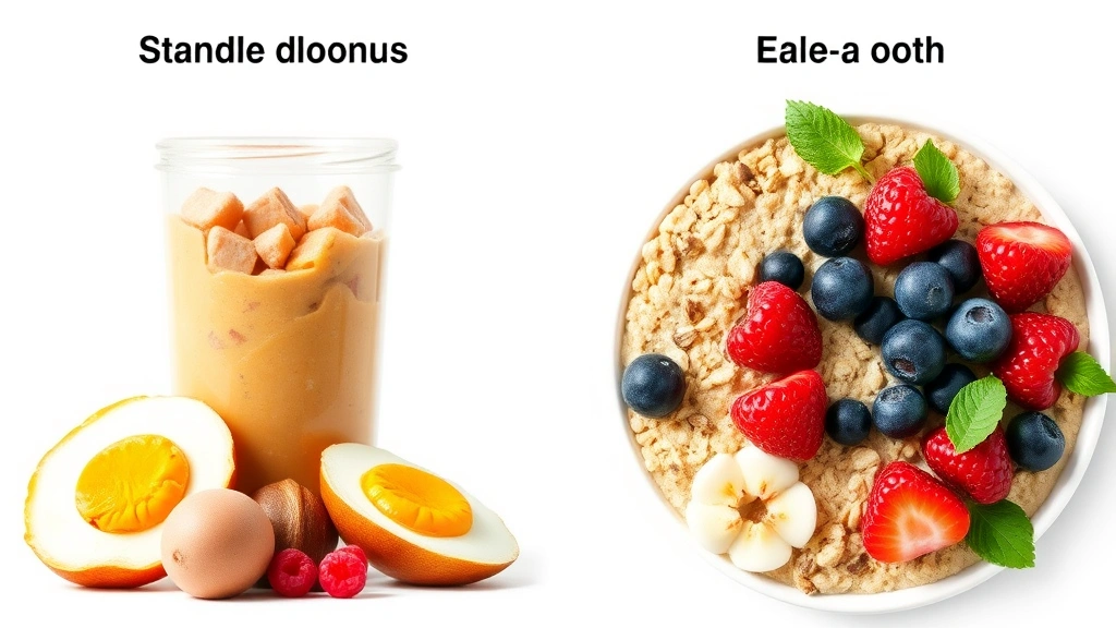 Split-screen comparison showing standard processed breakfast items on one side and fresh whole foods like eggs, berries, oatmeal on the other, professional nutritional education style, clean white background