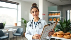 Registered dietitian reviewing nutrition labels on bagels in modern clinic office, holding clipboard with nutritional data, natural daylight from windows, professional healthcare setting