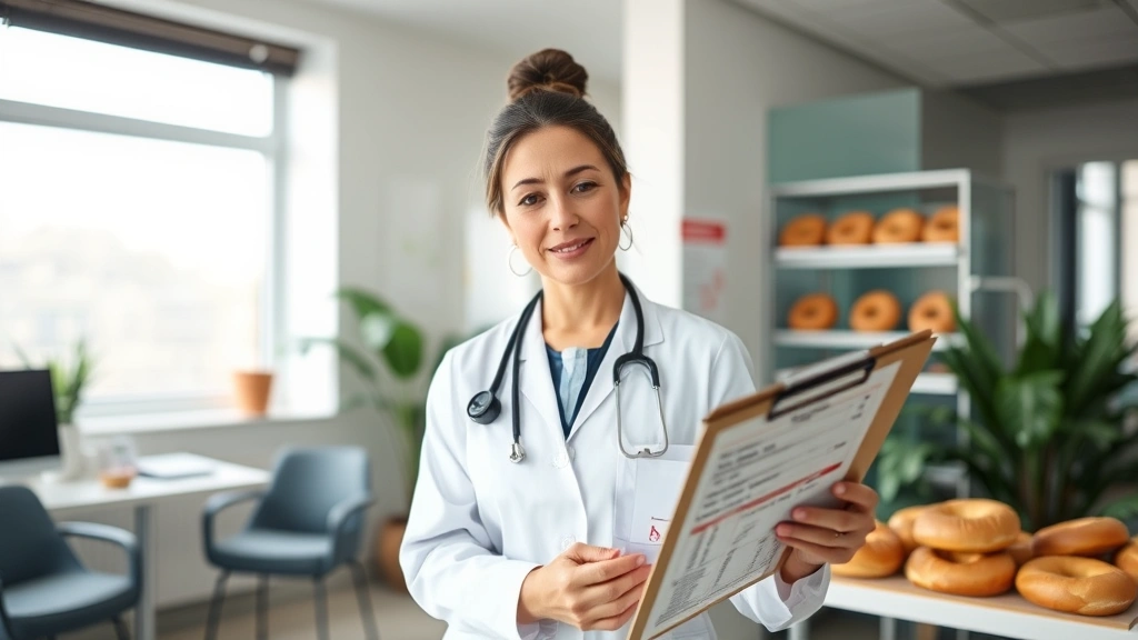Registered dietitian reviewing nutrition labels on bagels in modern clinic office, holding clipboard with nutritional data, natural daylight from windows, professional healthcare setting