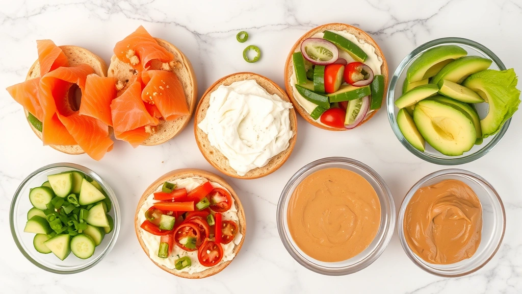 Variety of fresh bagel toppings arranged on marble countertop including smoked salmon, cream cheese, vegetables, avocado, and peanut butter in clear glass bowls