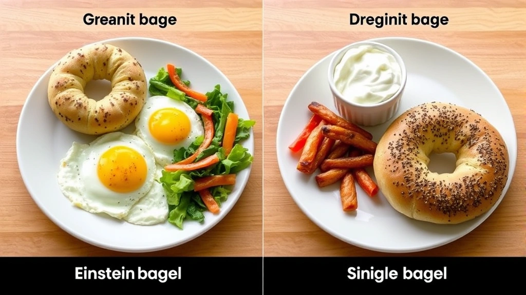 Breakfast plate comparison showing Einstein bagel alongside eggs, vegetables, and Greek yogurt, demonstrating balanced macronutrient composition versus single bagel