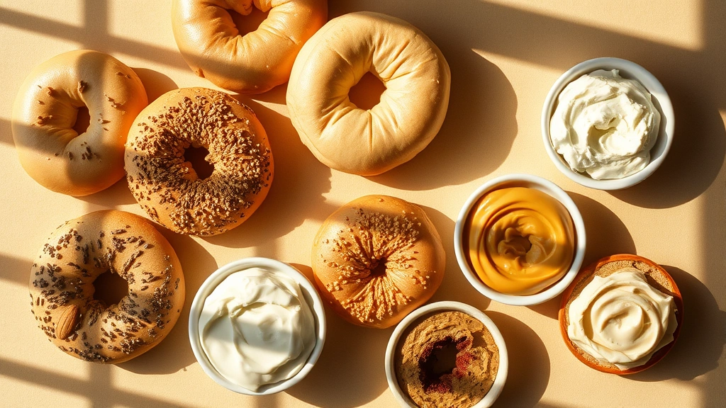 Overhead flat lay of fresh bagels with various spreads in small bowls, morning sunlight creating shadows, featuring whole wheat, plain, and specialty varieties with almond butter, cream cheese, and hummus options visible, warm neutral background