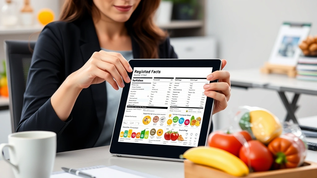 Modern registered dietitian reviewing nutrition labels and food items at desk with tablet displaying nutritional data, fresh coffee cup, organized professional nutrition consultation setting with health-focused atmosphere