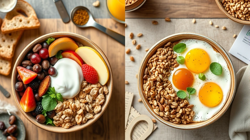 Split-screen comparison of healthy versus unhealthy breakfast bowl combinations with bagel components, showing protein sources, whole grains, and fiber-rich elements arranged artfully with measuring tools and nutrition reference guide