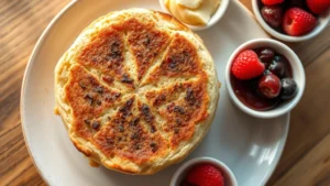Close-up overhead shot of a freshly toasted English muffin on a ceramic plate with steam rising, showing the characteristic nooks and crannies texture, surrounded by various toppings in small bowls including butter, almond butter, jam, and fresh berries, natural morning light from window
