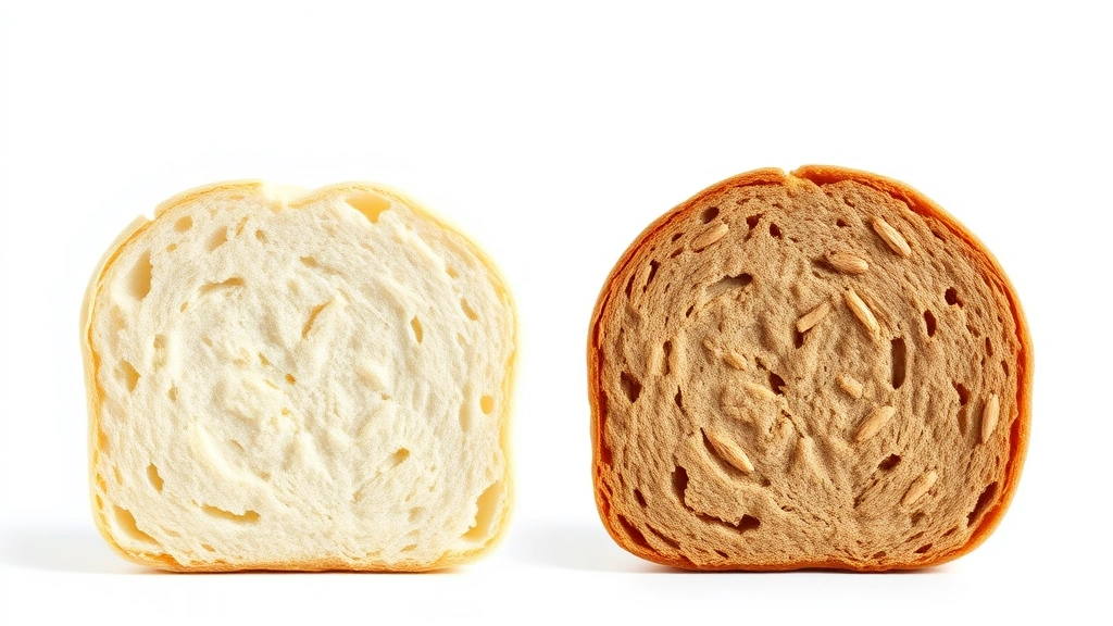 Split-screen comparison photography: left side shows a white English muffin cross-section, right side shows a whole wheat English muffin cross-section, both on white background with dramatic side lighting to emphasize texture and color differences, digital nutrition visualization style