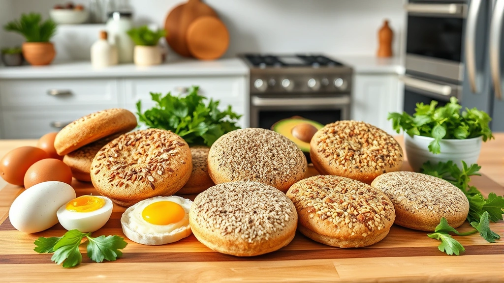 Modern kitchen scene with a wooden cutting board displaying multiple varieties of English muffins including plain white, whole wheat, multigrain with visible seeds, and sprouted grain, arranged in an appealing pattern with fresh ingredients like eggs, avocado, and greens surrounding them, bright natural lighting