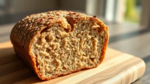 Close-up of whole grain English muffin cross-section showing dense texture and grain particles, photographed on wooden cutting board with morning sunlight, professional food photography style