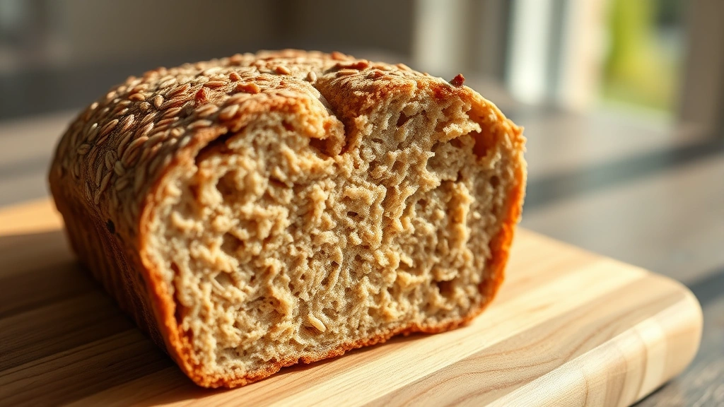 Close-up of whole grain English muffin cross-section showing dense texture and grain particles, photographed on wooden cutting board with morning sunlight, professional food photography style