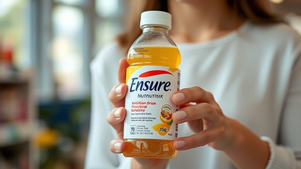 Close-up of hands holding an Ensure nutrition drink bottle with label visible, natural lighting, consumer perspective
