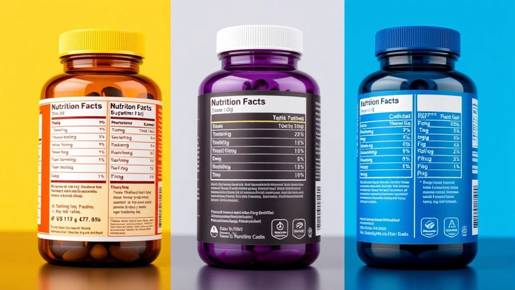 Split-screen comparison of three different nutritional supplement bottles with visible nutrition facts labels side by side