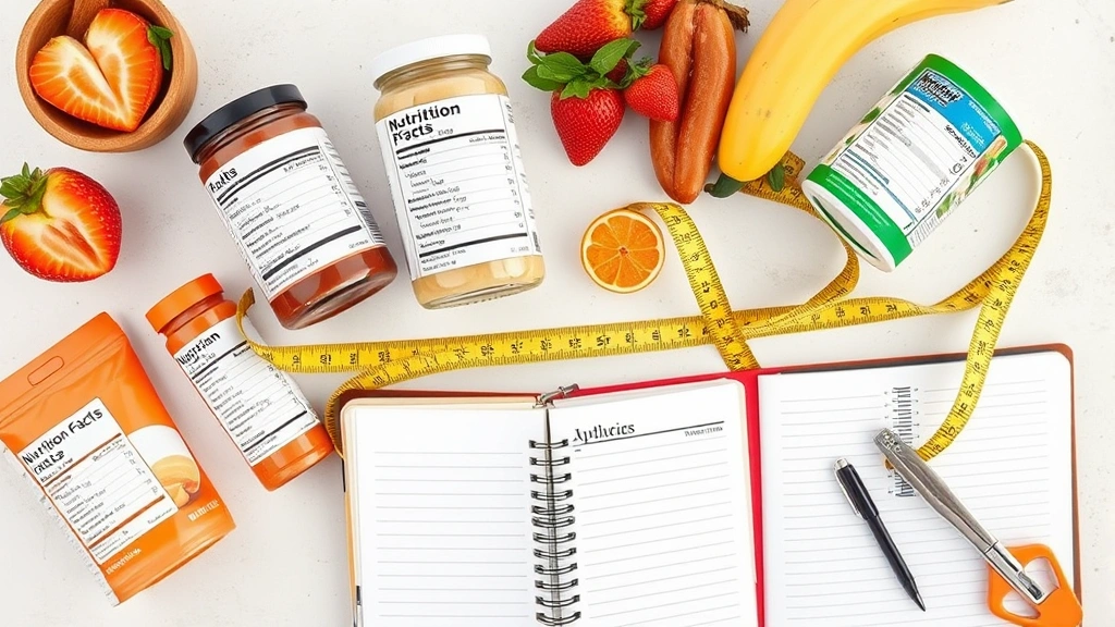 Overhead flat lay of nutrition facts labels from various products with measuring tape and health tracking journal