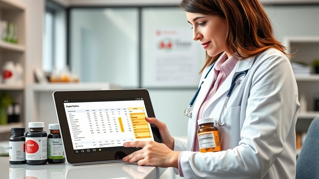 Professional healthcare setting with registered dietitian reviewing nutrition supplement bottles and nutritional data on tablet computer, clinical environment, natural lighting, focused analytical expression