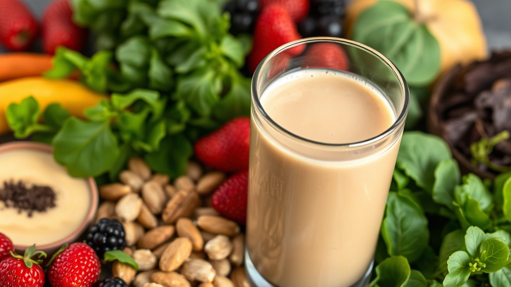 Close-up of nutrition shake in clear glass with creamy beige liquid, surrounded by fresh whole foods including berries, nuts, and leafy greens, conveying comparison of processed versus whole nutrition