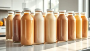 Close-up of nutrition shake bottles arranged in a 16-pack display on a bright kitchen counter with morning sunlight, photorealistic professional product photography style, showing condensation on glass bottles, no visible text or labels, minimalist modern kitchen background