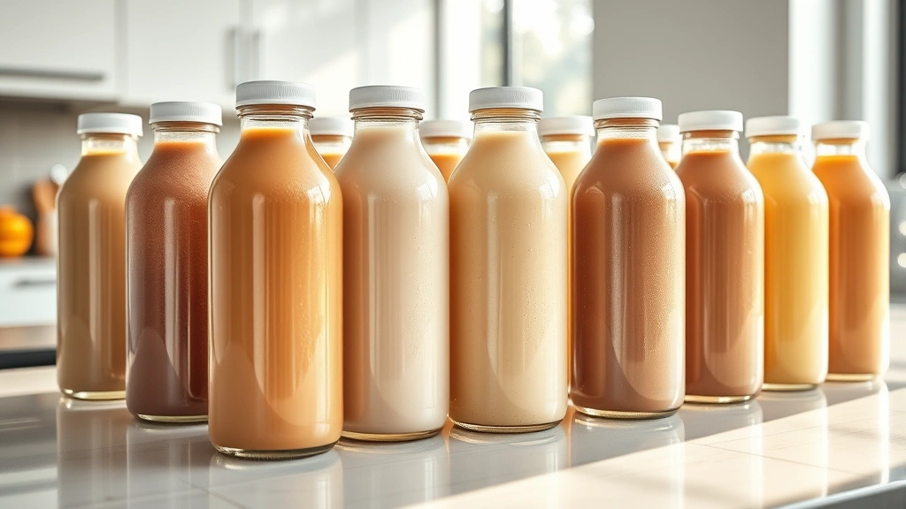 Close-up of nutrition shake bottles arranged in a 16-pack display on a bright kitchen counter with morning sunlight, photorealistic professional product photography style, showing condensation on glass bottles, no visible text or labels, minimalist modern kitchen background