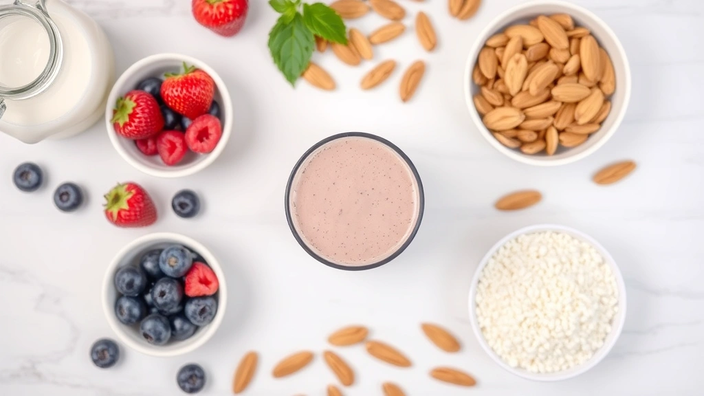Overhead flat-lay composition of nutritional ingredients: milk, protein powder, berries, almonds, and a glass of smoothie in center, professional food photography lighting, all items clearly visible and arranged artfully, no nutritional labels or text visible, clean white marble surface