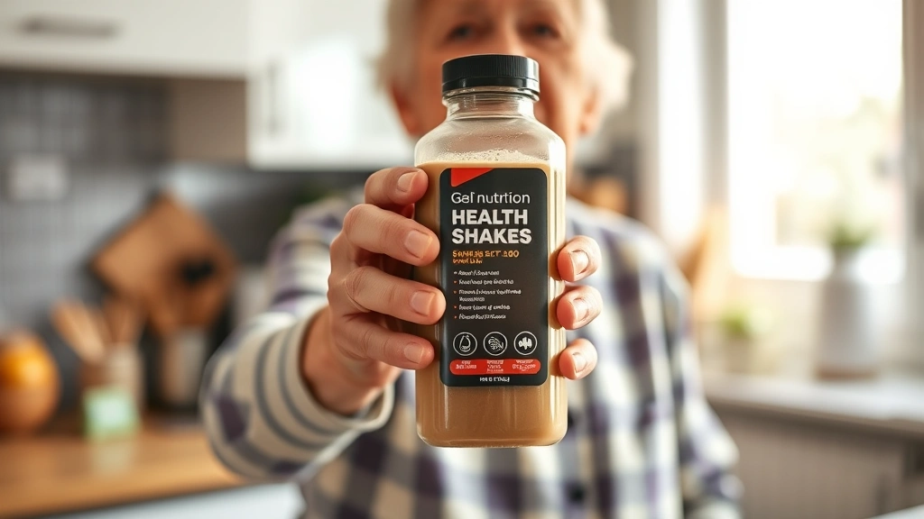 Elderly person's hands holding a nutrition shake bottle in a bright, naturally-lit home kitchen setting, warm and approachable mood, showing genuine human moment of daily health routine, soft focus background with kitchen elements, photorealistic lifestyle photography, no visible product branding or text