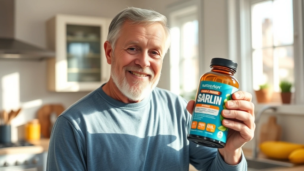 Senior adult in bright kitchen holding nutrition shake bottle with satisfied expression, morning sunlight through windows, realistic and approachable portrayal of supplement usage in daily life