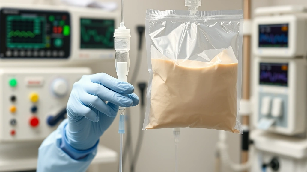 Healthcare professional in sterile gloves holding clear enteral feeding tube and intravenous parenteral nutrition bag side by side, clinical laboratory background with nutrition monitoring equipment