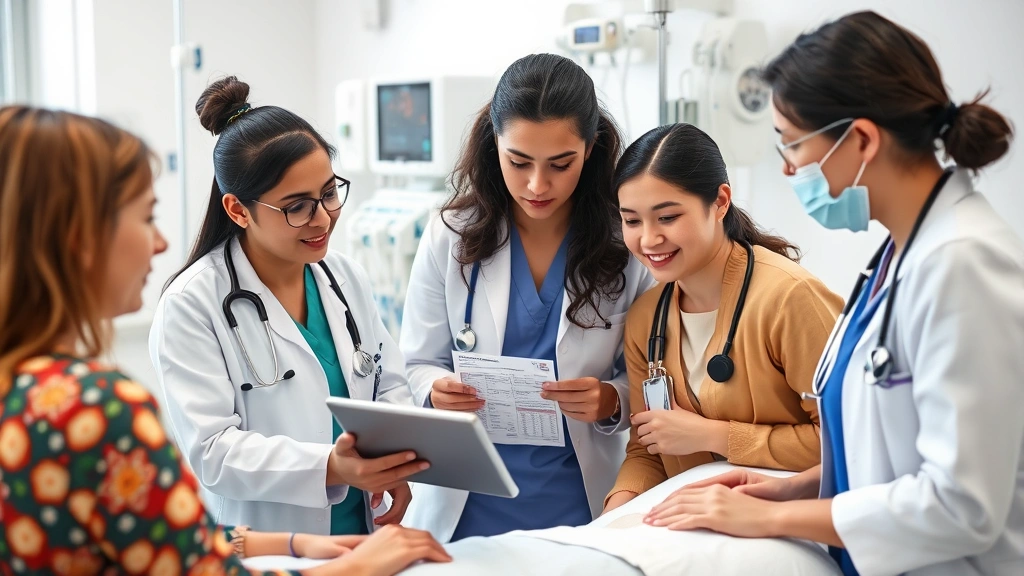 Diverse medical team reviewing patient charts and nutrition data on tablet, hospital nutrition support meeting with enteral and parenteral feeding equipment visible in background