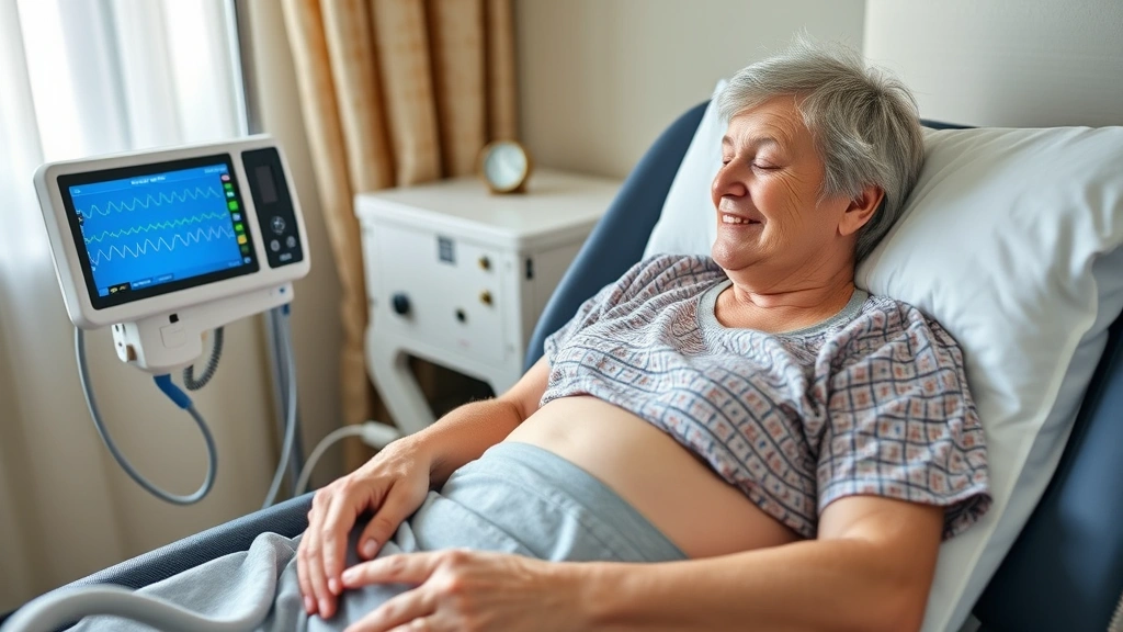 Patient receiving enteral tube feeding through percutaneous gastrostomy tube in comfortable home setting with digital monitoring devices, showing quality of life aspects of nutritional support