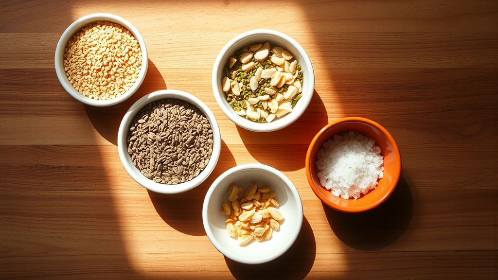 Flat lay arrangement of everything bagel ingredients separated into small bowls: sesame seeds, poppy seeds, dried minced garlic, dried minced onion, and coarse salt, natural sunlight streaming across wooden surface, professional food photography style, clean minimalist composition