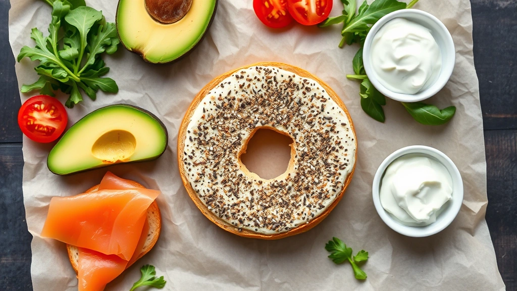 Vibrant flat lay of a sliced everything bagel on parchment paper surrounded by healthy toppings including fresh avocado slices, smoked salmon, ripe tomato, fresh arugula leaves, and unsalted cream cheese in small bowl, natural morning light, appetizing presentation, food styling aesthetic