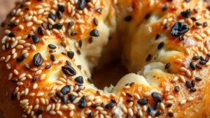 Close-up photograph of a freshly baked everything bagel showing sesame seeds, poppy seeds, minced garlic, dried onion, and coarse salt crystalline details on toasted surface, professional food photography